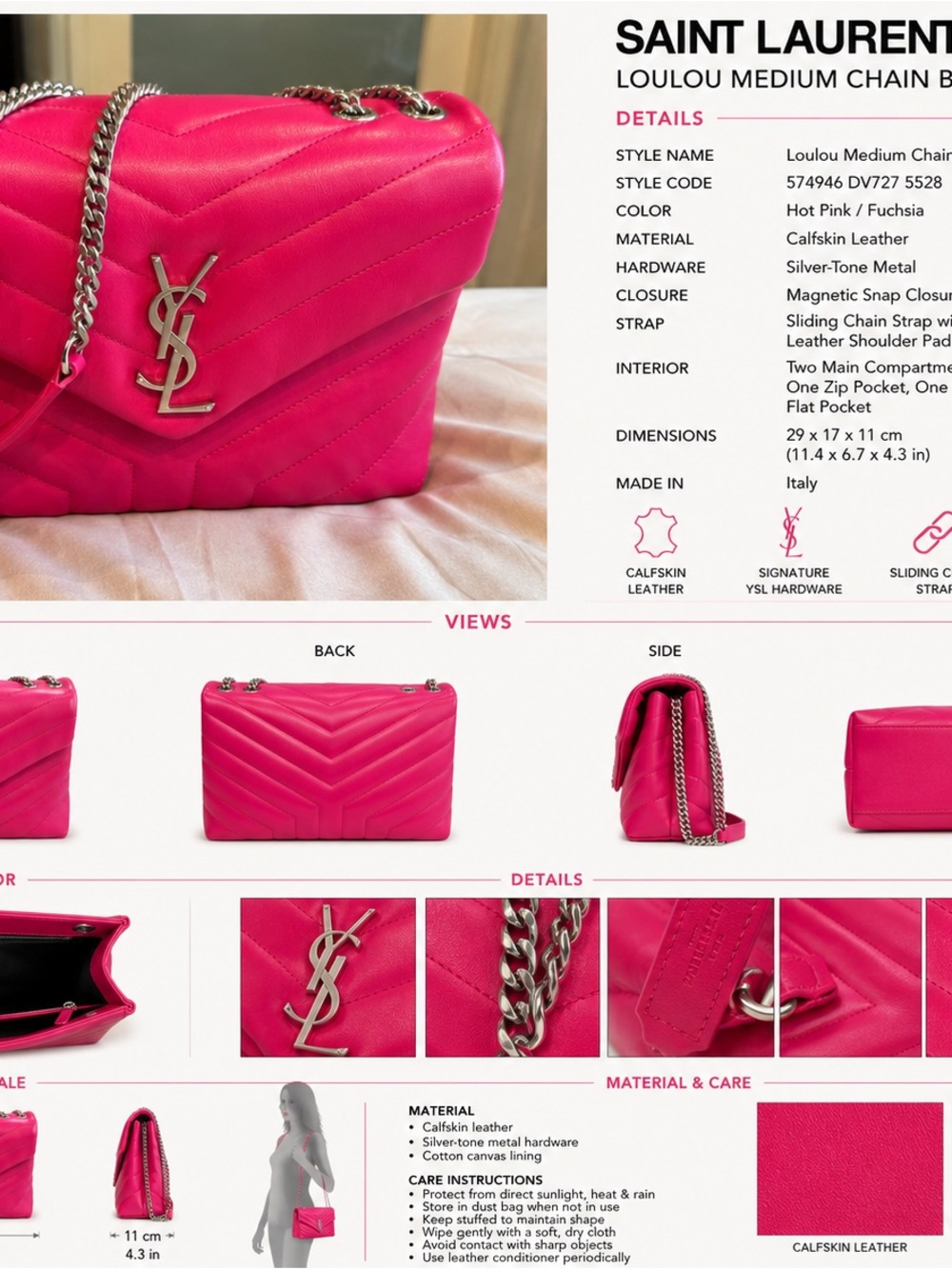 Saint Laurent Hot Pink Quilted Loulou Medium Chain Crossbody Bag - Picture 3 of 4